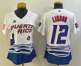 Women%27s Puerto Rico Baseball #12 Francisco Lindor 2023 White World Classic Stitched Jerseys->2023 world baseball classic->MLB Jersey